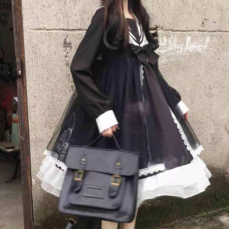 Lolita Style Harajuku Gothic Bandage Sweet Sailor Collar Bow Flare Sleeve Lace Dress Kawaii Ruffles Girl Cosplay Japanese Dress