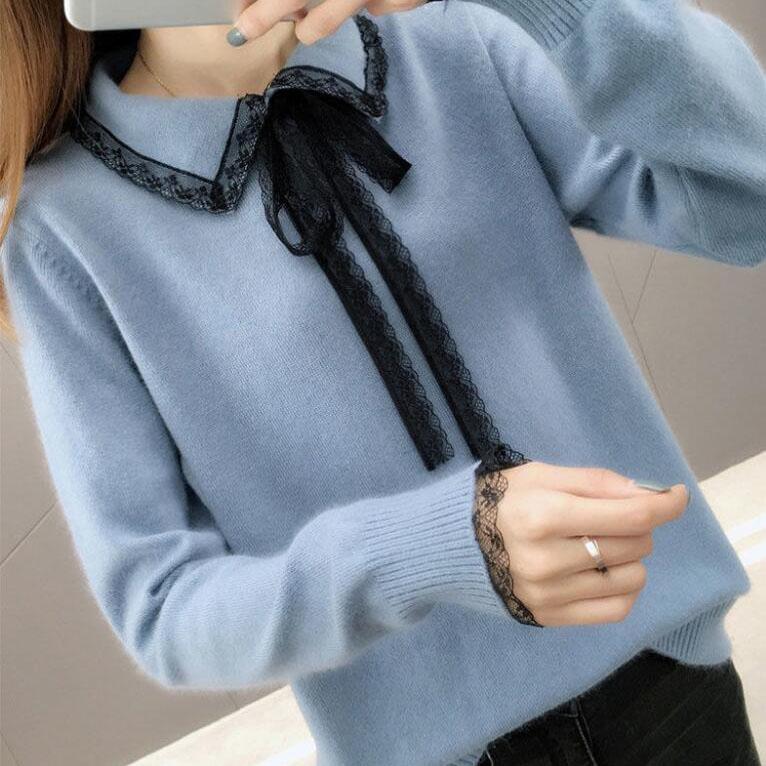 Women Sweaters Pullovers  Autumn Winter Lace Turn-down Collar Knit Sweater Fmeale Jumper Women Knitwear