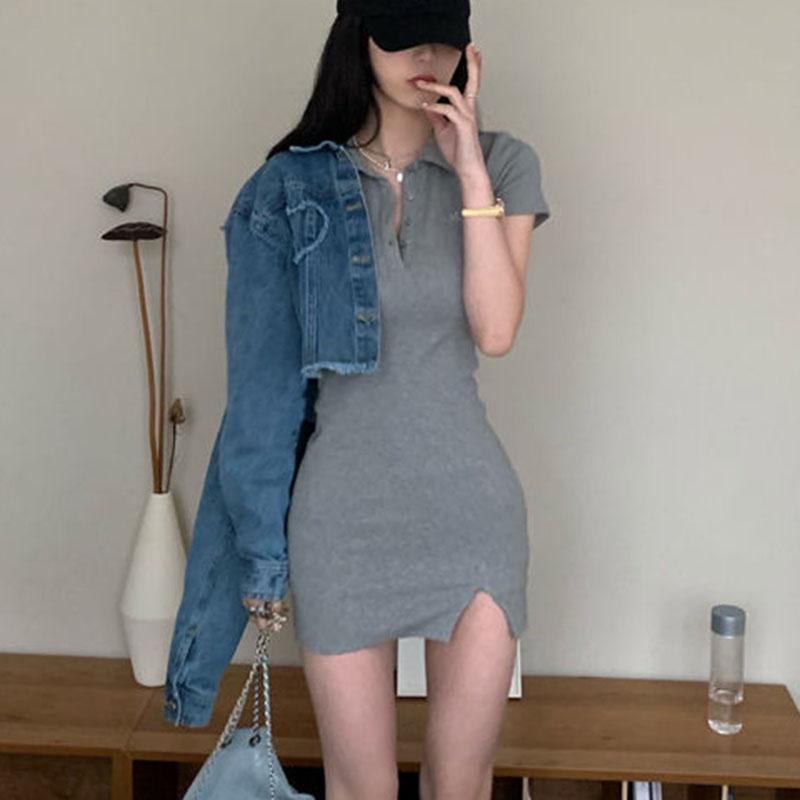 Summer Woman Oblique Button Polo Collar Short Sleeve Dress For Girls