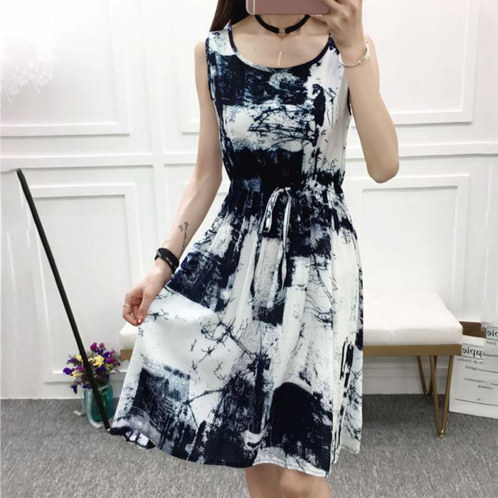 Mid-length Print  Women A-line Dress Summer Sleeveless Round Neck Elastic Waist Floral Large Size Skirt