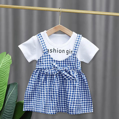 Children Dress Spring Summer Round Neck Kids Clothing Toddler Baby Girls Clothing Plaid Bow Pieated Short Sleeve Dress Girl