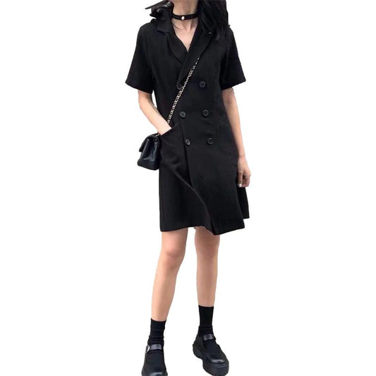 Black Dress Women's Cool Girl Summer Dress Short Sleeve Turn-down Collar Knee-length Daily Wear Office Dating Party