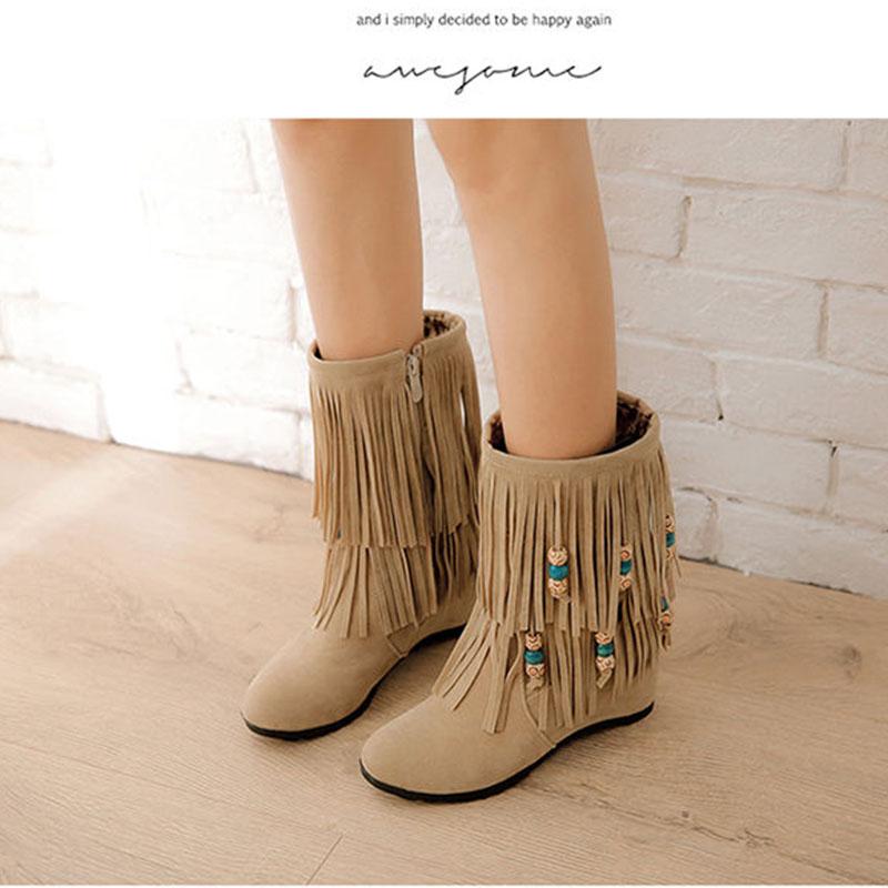 Fall/Winter Suede Boots Mihemia Beaded Inner Heightened Round Head Wedges Boots Tassel Ankle Boots Plus Size  34-43