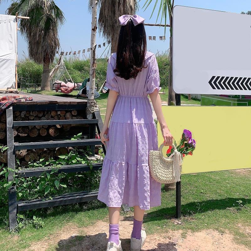 Cute Sweet Well-behaved Girl Solid Color Bow Ruffle Mid-length A-shaped Skirt Age Reduction Looser  Short Sleeve Dress
