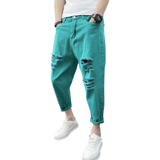 Men's Big Ripped Small-footed Jeans Trendy Cropped Trousers Harem Pants