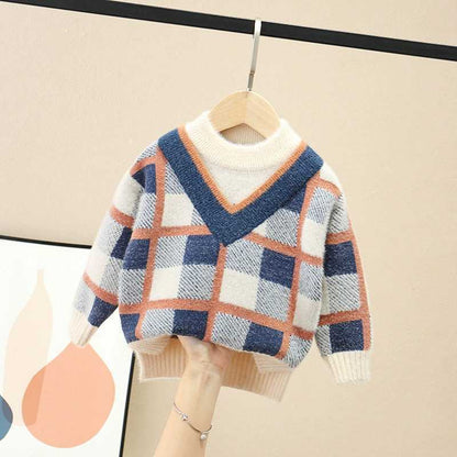 Boys and Girls Mink Velvet Sweater Autumn and Winter Children's Pullover Sweater Thick Loose Plaid Sweater