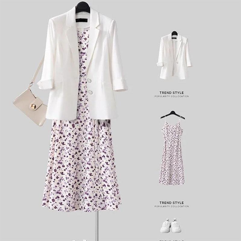 Women's Summer Casual Suit Large Size Blazer + Chiffon Floral Sling Dress Two Piece Ladies French Elegant Dress Suit