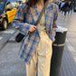 Vintage Loose Women Plaid BlazerAutumn Chic Double Breasted Female Long Sleeve Suit Jackets Stylish Ladies Blazer