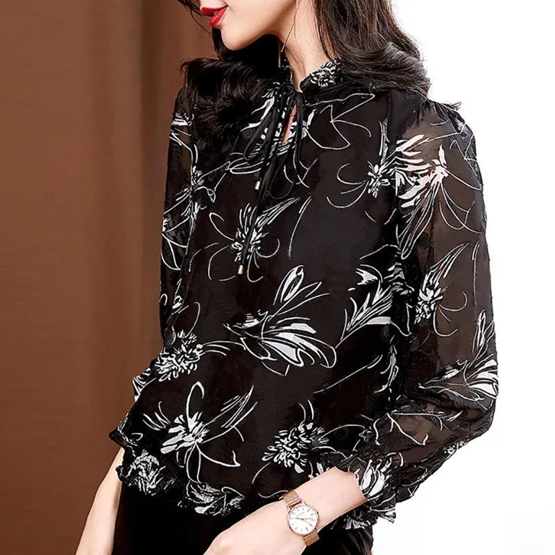 Women's Spring and Autumn Chiffon Long Sleeve Top Tie Bow Print Shirt