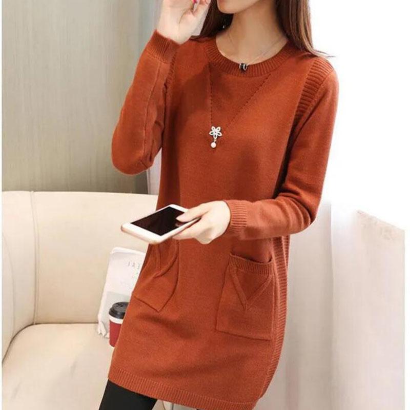 Women's Mid-length Knit Sweater  dress Winter Loose Round Neck Pullover Sweater Thick Knitwear Skirt with Pockets