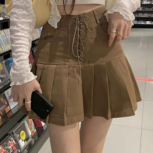 Women Skirts Summer A-line Skirt Girls Vintage High Waist Mini Skirts Female Solid Color Streetwear Short Lace-up Skirt