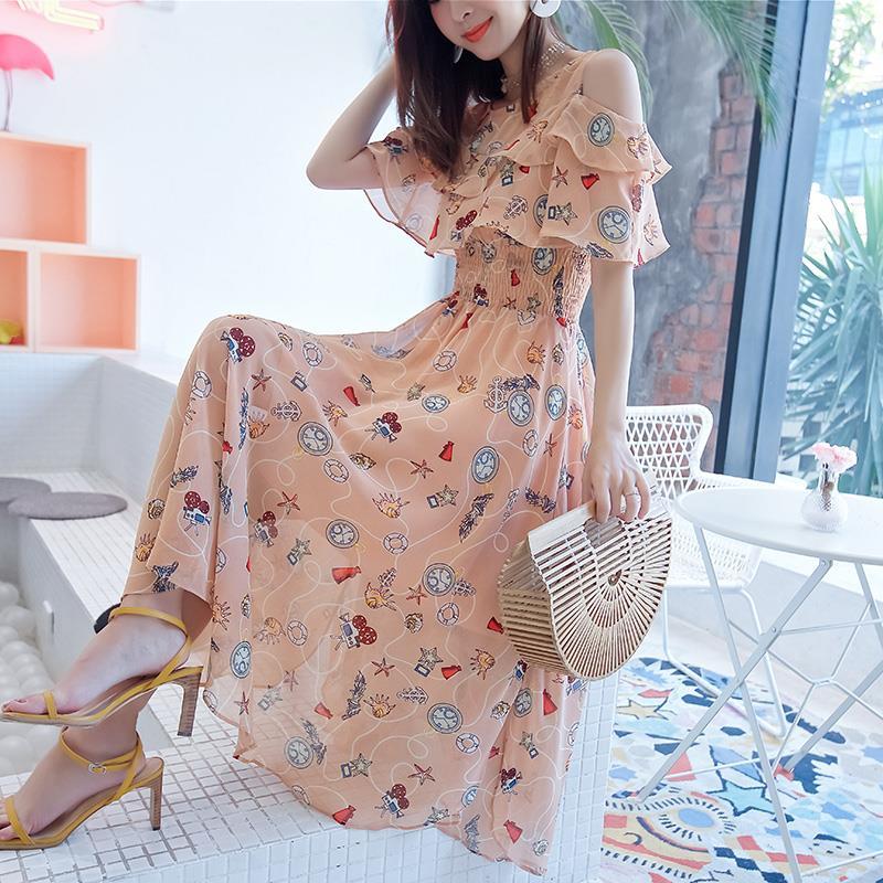 Female Floral Chiffon Medium Length Elegant Slim Super Fairy Gentle Sling Ruffle Pleated Dress