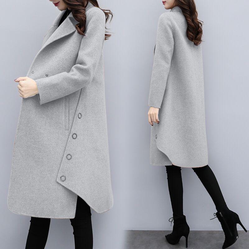 Womens Winter Turn-down Collar Lapel Wool Cashmere Coat Trench Jacket Long Parka Overcoat Outwear