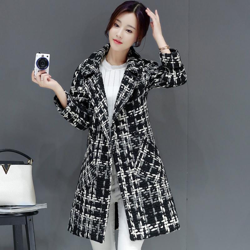 Women's Coat Autumn Winter Cassic Plaid Wool Coat Long Coat Female Woolen Outerwear Manteau Femme