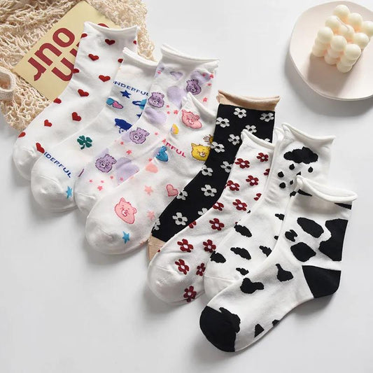 Four Pairs of Women's White Curled Tube Socks Cartoon Embroidery Pile Socks