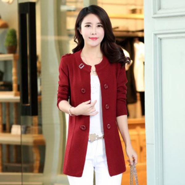 Spring and Autumn Knitted Cardigan Sweater Mid-length Versatile Solid Color Top Casual Simple Female Jacket