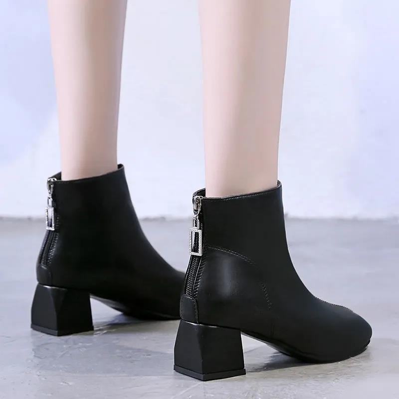 Women's Thick Heel Short Boots Autumn and Winter Trend All-match High-heeled Boots Short Tube High-top Shoes Square Toe Plus Fleece Boots