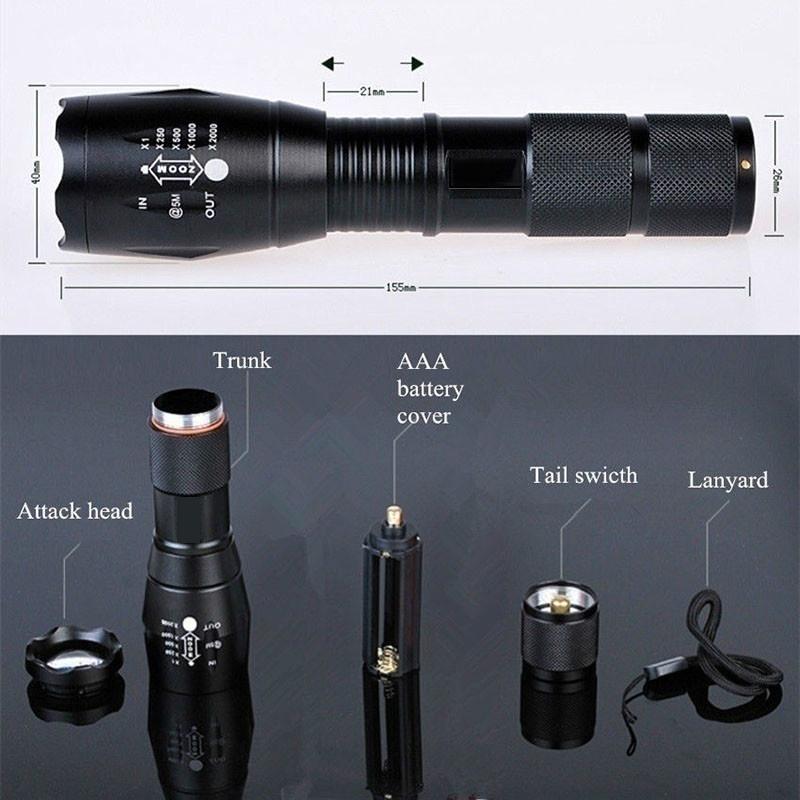 Portable LED Flashlight Multifunction Torch Zoomable 5-Mode Waterproof+18650 Battery+Charger+Kit