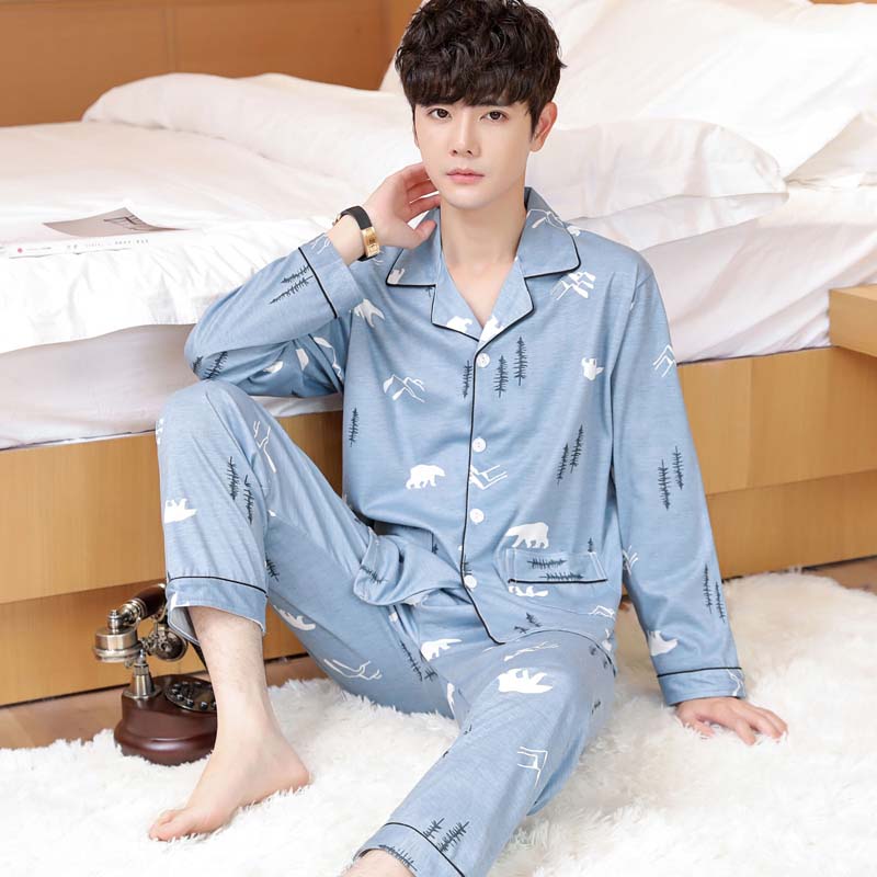 Men's Pajamas Spring and Autumn Pajamas Men's Cotton Long-sleeved Trousers Cardigan Young Middle-aged Home Clothing