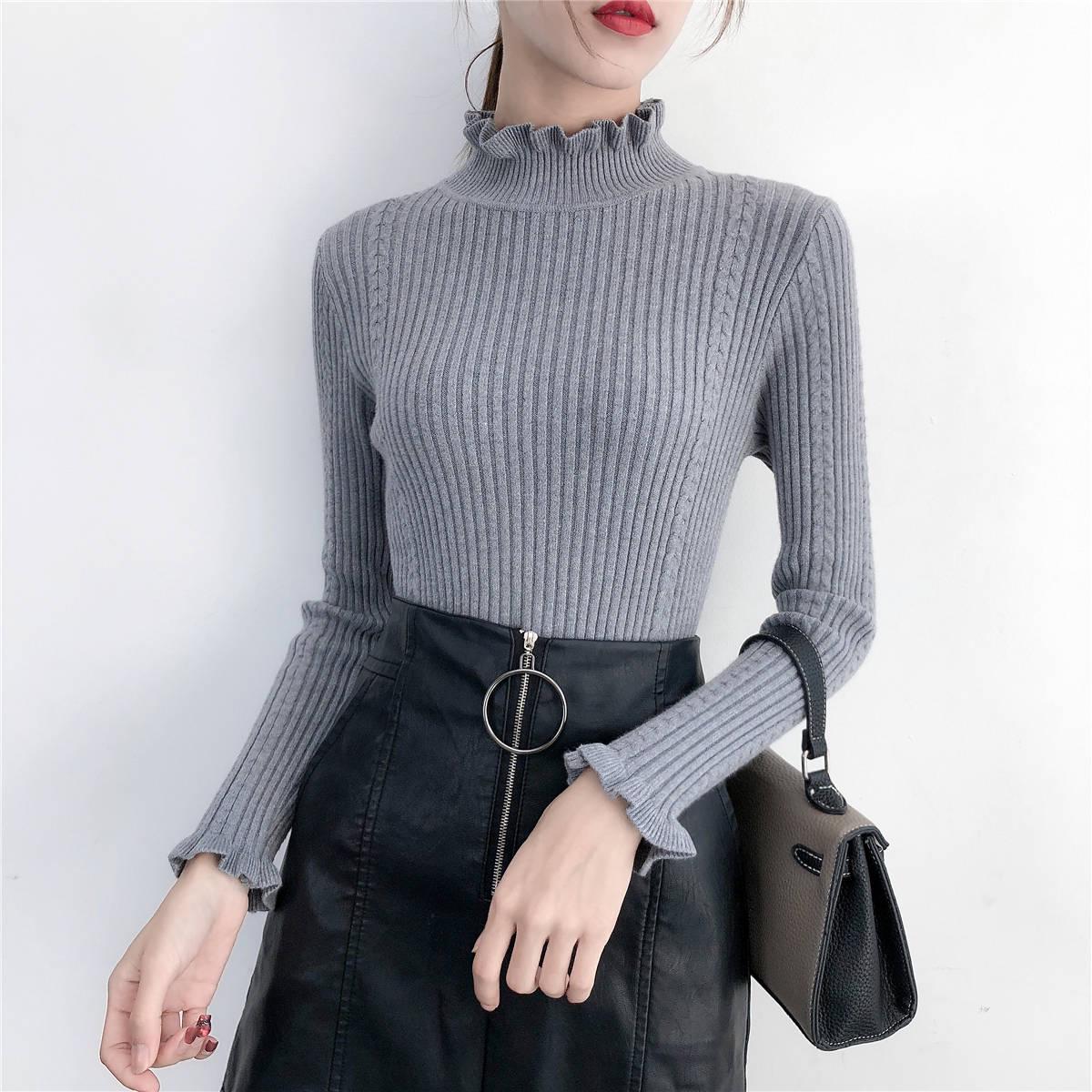 Sweater Women Knitted Ribbed Pullover Sweaters Long Sleeve Turtleneck Slim Jumper Soft Warm Pull