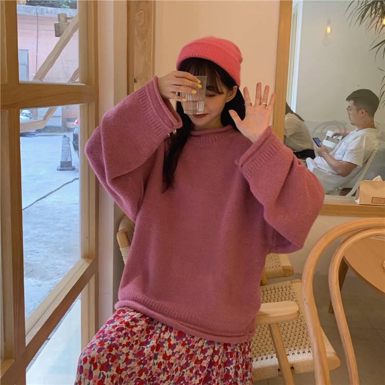 Pofulove Candy Color Sweater Autumn Winter Korean Loose Lazy Curled Long-sleeved Round Neck Sweater