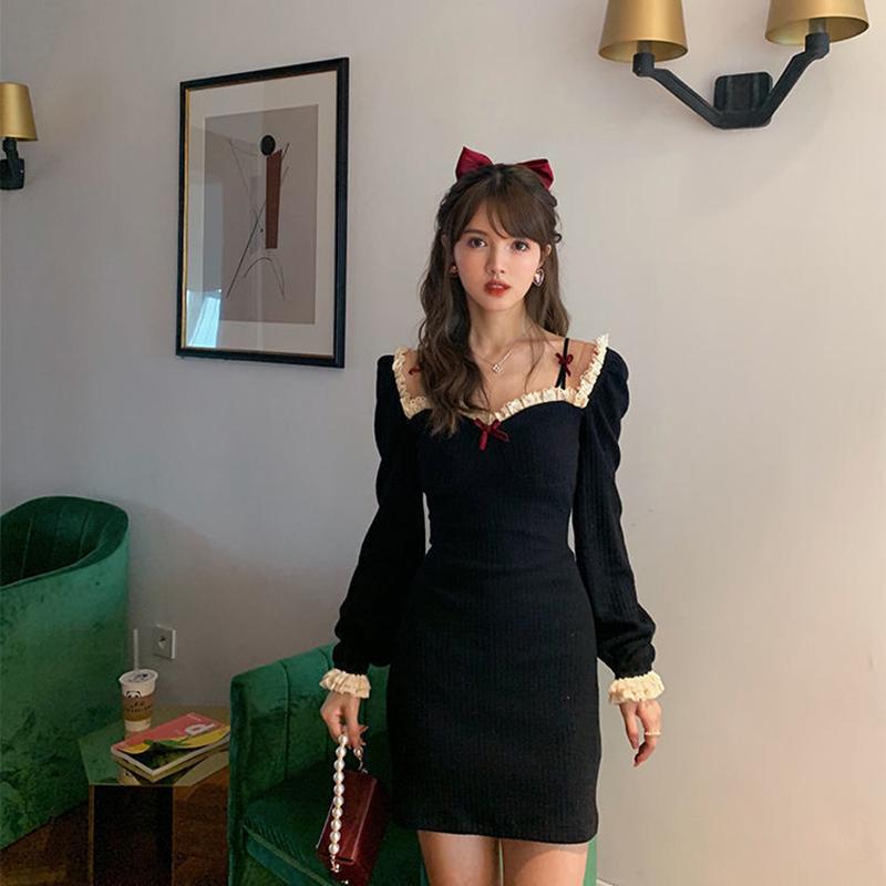 Girl Retro Elegant Temperament Waist Was Thinner Shoulder Lace Knitted Dress Autumn  Winter