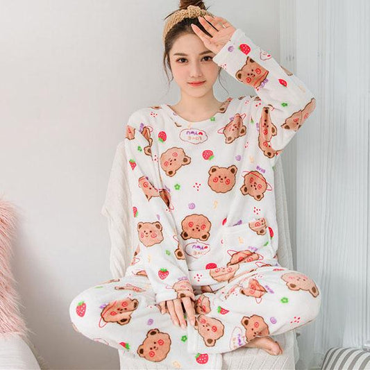 Flannel Pajamas Women Autumn and Winter Thick Sweet Cute Long-sleeved Coral Fleece Plus Size Home Service Suit