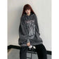 Women's Retro Dark Demon Print Hooded Sweater Student Personality High Street Washed Old Hiphop Loose Top Ladies Long-sleeved Pullover Sweater