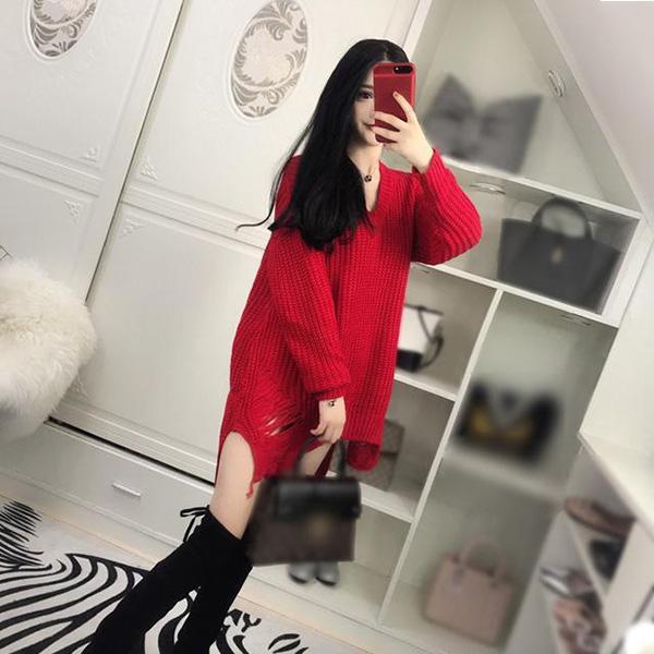 Spring and Autumn Sexy Mid-length Sweater V-neck Pullover Irregular Top Loose Hole Knit Sweater Dress