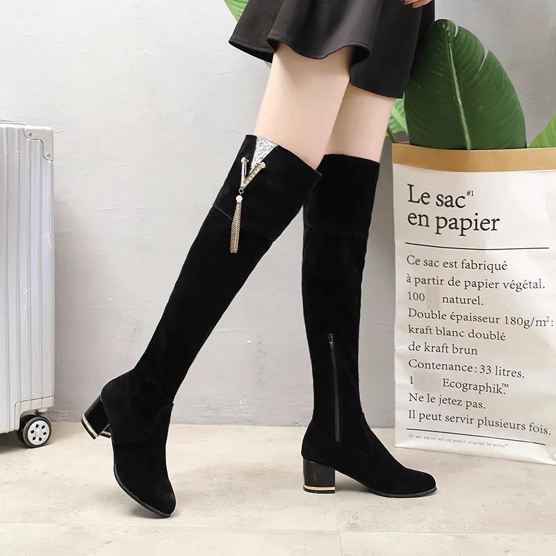 Women's Boots Over The Knee with Thin Legs and Cashmere Side Zipper Suede Thick Heel 6cm High Heel High Boots Women