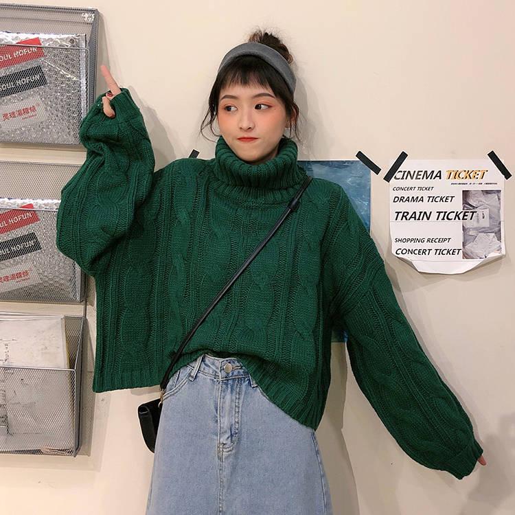 Solid Color Thick Turtleneck Sweater Autumn and Winter Loose Twist Pullover Knitted Sweater