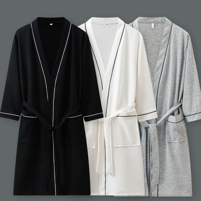 Spring and Summer Couple Bathrobe Women's Long-sleeved Thin Solid Color Cotton Absorbent Bathrobe Robe Five-star Hotel Nightgown Men's Large Size