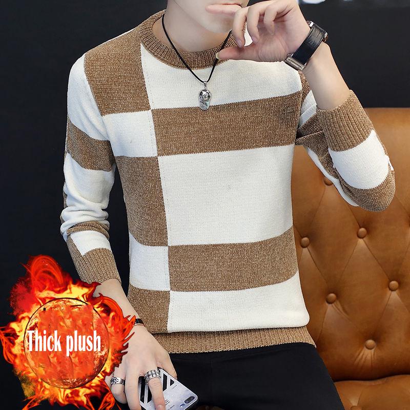 2019 Autumn Winter Warm Pullovers Knitted Striped Male Sweater Men Dress Thick Mens Sweaters Jersey