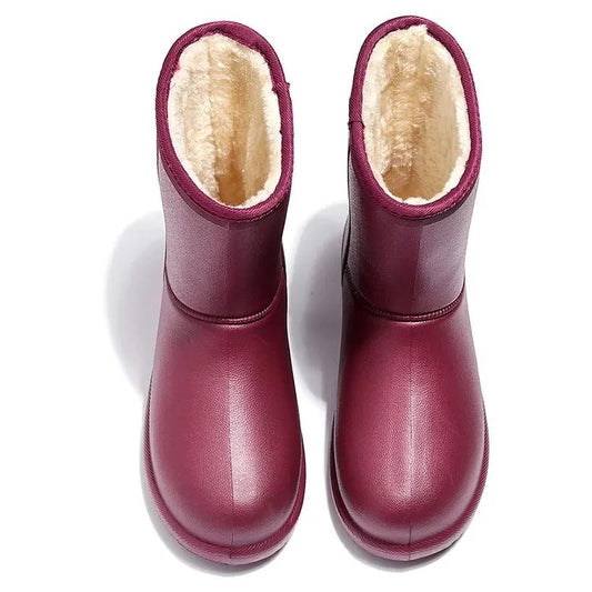 Rain Boots Women Waterproof Work Shoes for Girls Mid-calf Water Shoes Winter Plush Warm Rain Boots with Fur EVA Anti Slip Solid