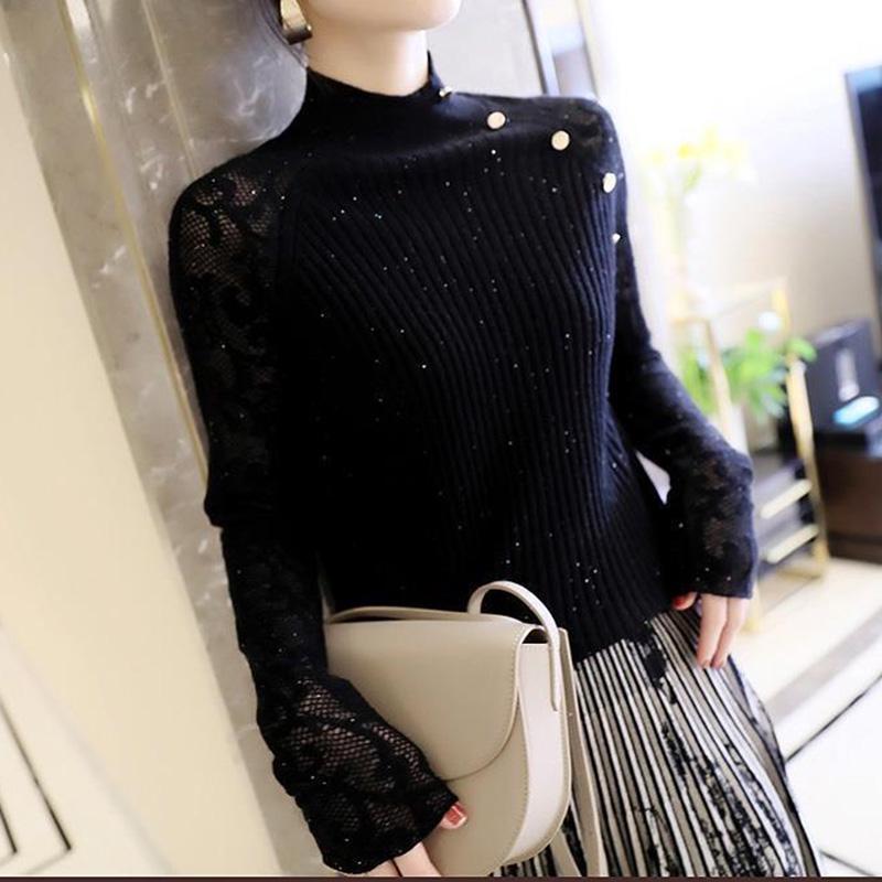 Fall/winter Core-spun Yarn Flash Knit Sweater Slim Long-sleeved Half Turtleneck Sweater Women's Solid Color Bottoming Pullover Top
