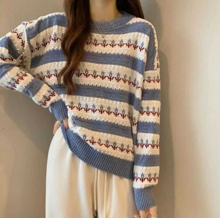 Spring Women's Striped Pullover Long Sleeve Knit Sweater Korean Style Fashion Knitting Colorblock Short Sweater