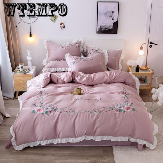 Cotton four-piece lotus leaf lace sheets comfortable cotton solid color home bedroom bedding set