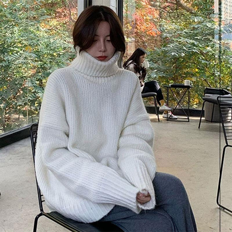 Solid Color Turtleneck Sweater for Female Students Korean Style Loose Lazy Chic Knit