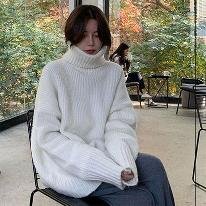 Solid Color Turtleneck Sweater for Female Students Korean Style Loose Lazy Chic Knit