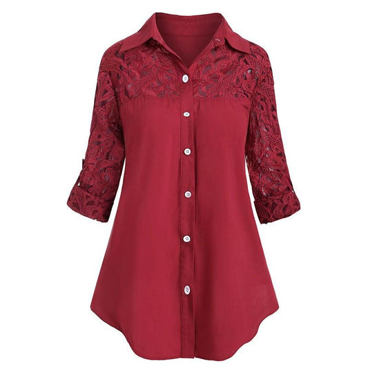 Women Blouse Lace Stitching Collared Long Sleeve Chiffon Loose Blouse Plus Size S-5XL