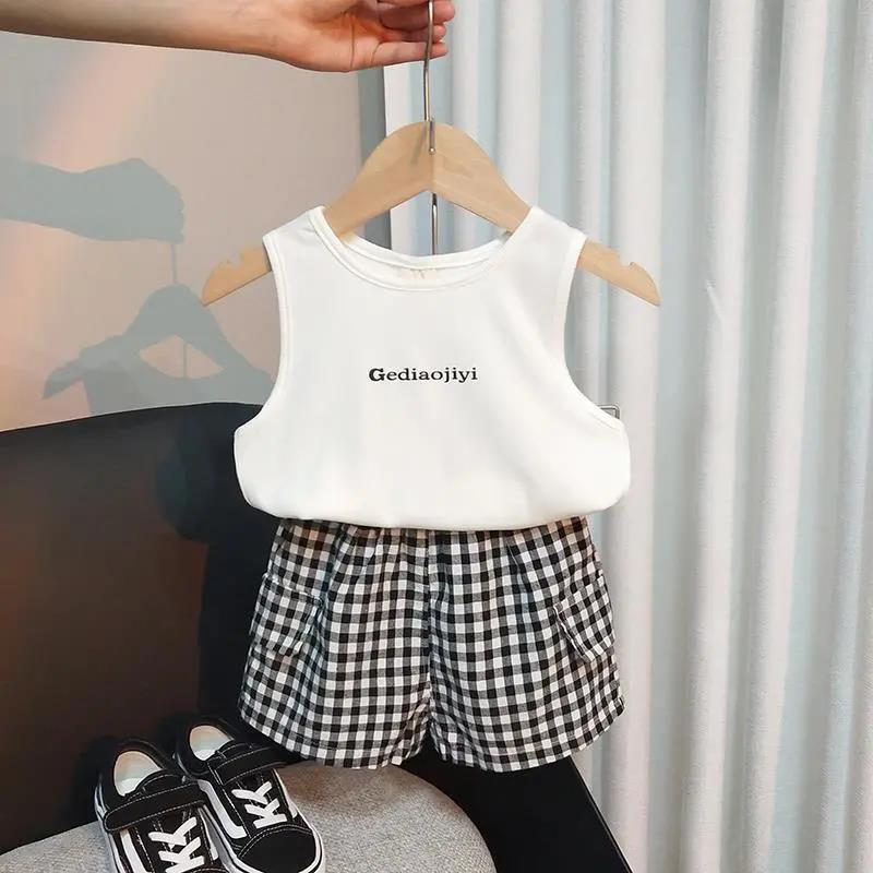 2PCS Children Clothing Set Summer Girls and Girls Suits Printing Sleeveless Tops + Pliad Pants Clothing Set