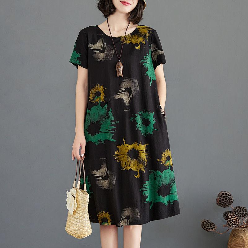 Printing Vintage XL-XXXXXXL Summer Polyester Short-sleeved Knee-length A-line Dress