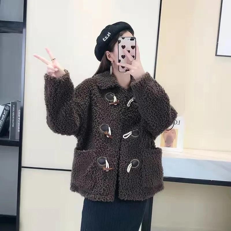 Women's Lamb Wool Coat Horns Buckle Sheared Wool Winter Korean Style Thick Square Collar Not Shed Hair Lapel Casual Loose Grain fleece Jacket Coat