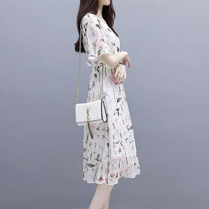 Pofulove S-2XL Women Printed Chiffon Dress Slim Short-sleeved O-neck A-line Vacation Beach Skirt
