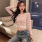 Cute O-neck Pullover Long Sleeve Short Twist Sweater Women Open Waist Striped Knitwear