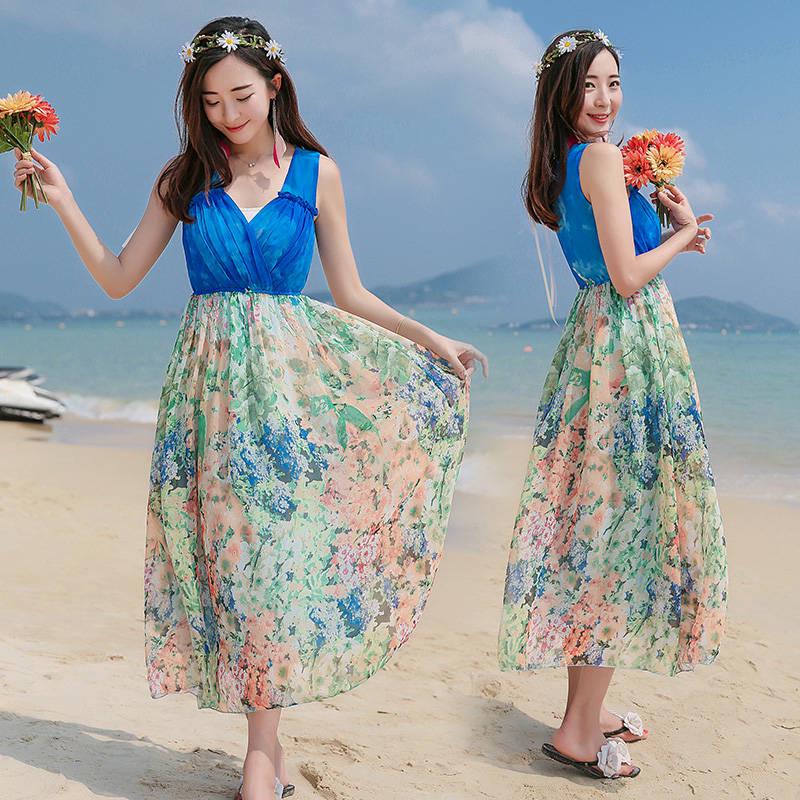 Bohemia Long Chiffon Floral Dress Boho V-Neck Sleeveless Evening Beach Maxi Dress  Sundress