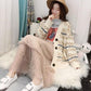 Women Vintage Printed Checked Sweater Cardigan with Pockets Outerwear Casual Thick Knitted Jacket Coat