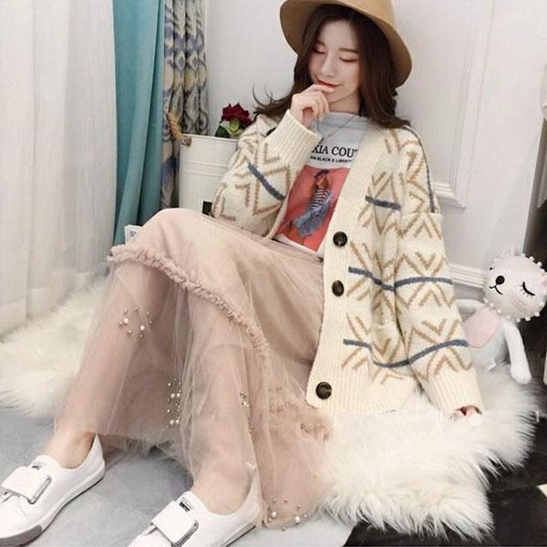 Women Vintage Printed Checked Sweater Cardigan with Pockets Outerwear Casual Thick Knitted Jacket Coat