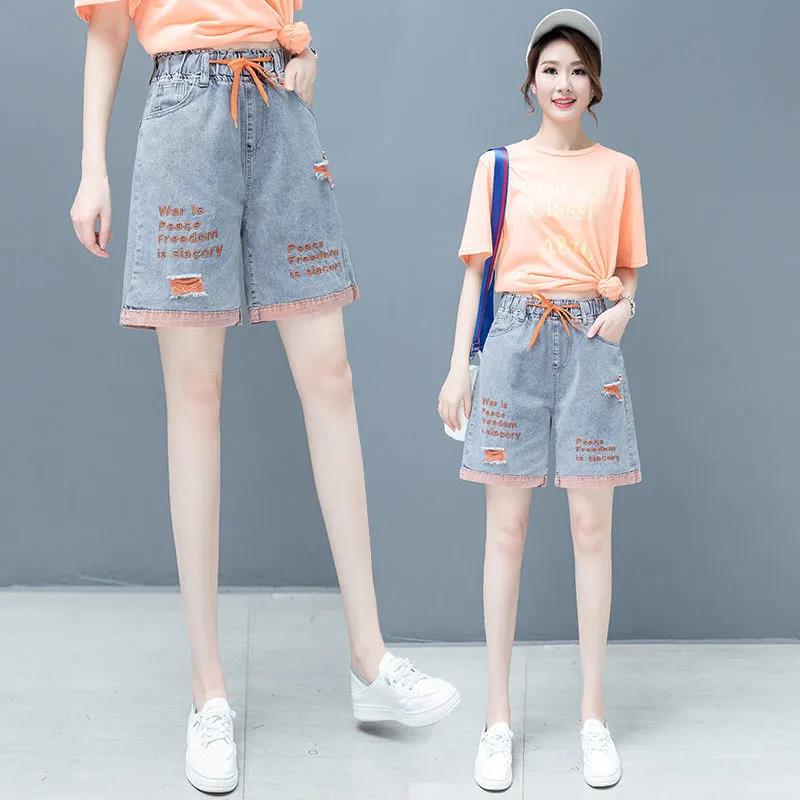 Ripped Denim Shorts Women Loose Wide Leg Pants High Waist Was Thin Elastic Waist Embroidered Five-point Pants