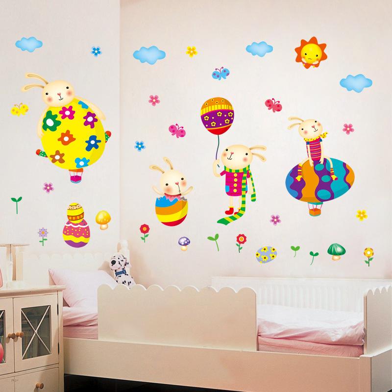 Colorful Cute egg with bunny cartoon wall sticker bedroom children room background decoration